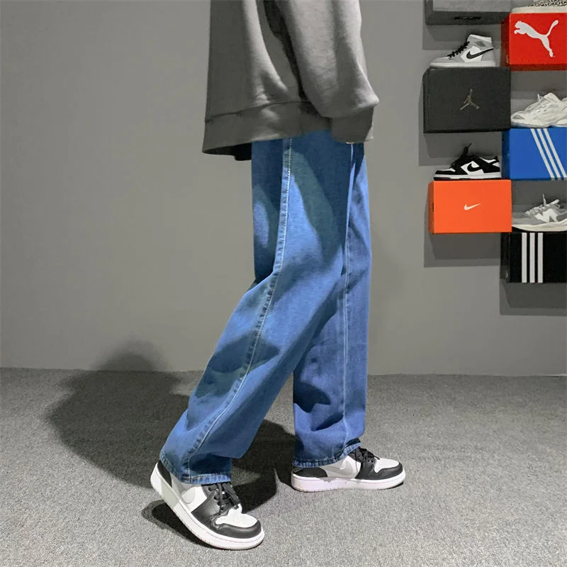 Baggy Drawstring Jeans Men Fashion Retro Casual Wide-leg Jeans Men Streetwear Loose Hip-hop Straight Denim Pants Mens Trousers