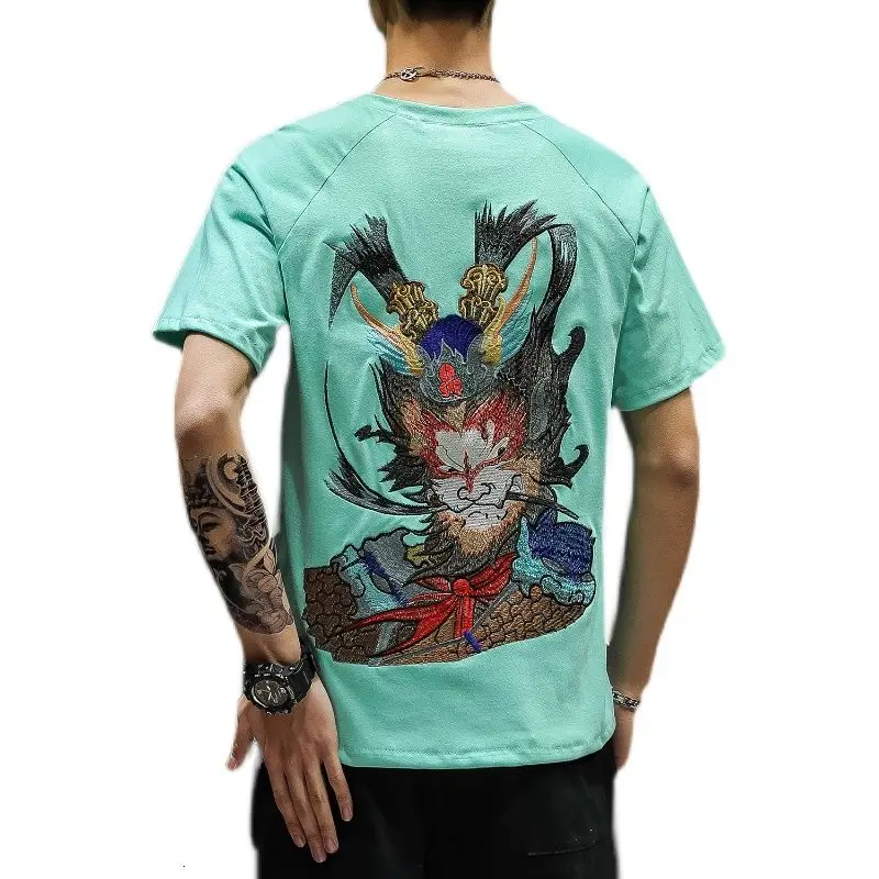 

Casual T-shirt For Men Short-sleeved Summer Embroidery Monkey King T-shirts Oversize Round Neck Chinese Style Tops Male Clothing
