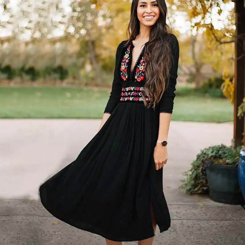 Богемный Вдохновленный женский платье миди с цветочным принтом и рукавом три