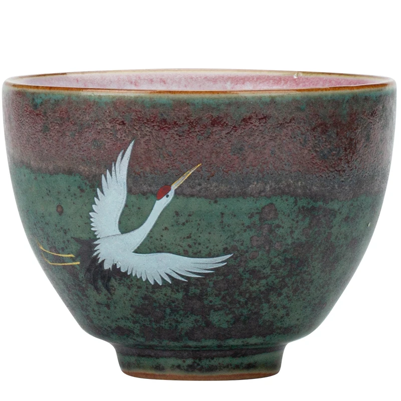 

Porcelain 7cm Red-Crowned Crane Tea Cup Ceramic Teaware Teaset Chinese Kung Fu Coarse Pottery Hand Painted Auspicious Home Decor