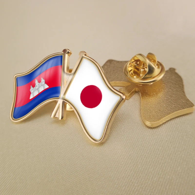 

Cambodia and Japan Crossed Double Friendship Flags Lapel Pins Brooch Badges