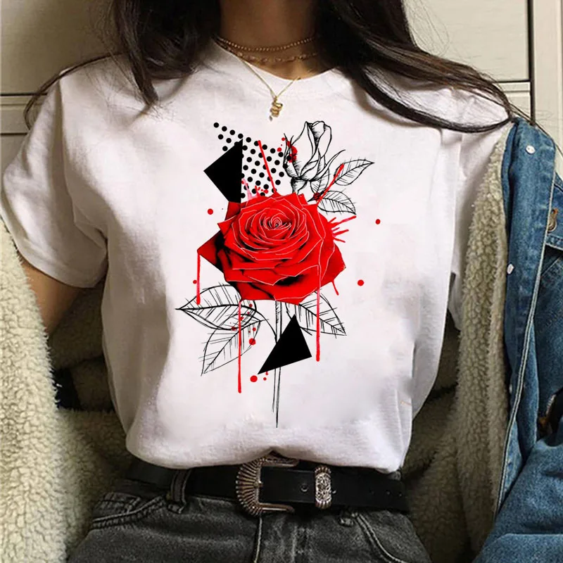 

New Fashion Women T Shirt Red Flower Print T Shirt Funny Tops Tee 90s Girls Short Sleeve T-shirt Harajuku Women T-shirt Clothing
