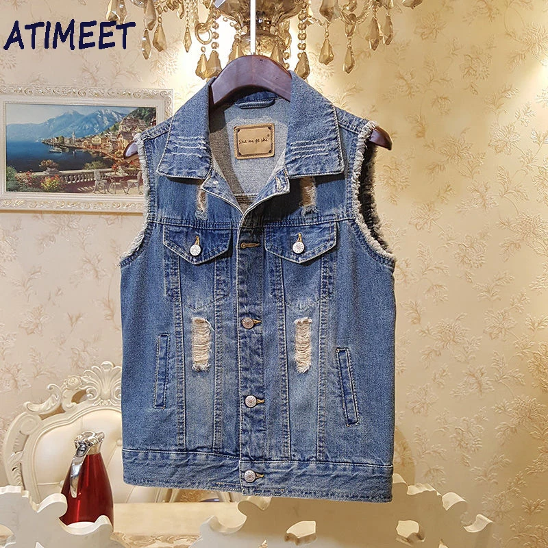 

Spring And Autumn New Ladies Vest Sleeveless Hole Denim Jacket