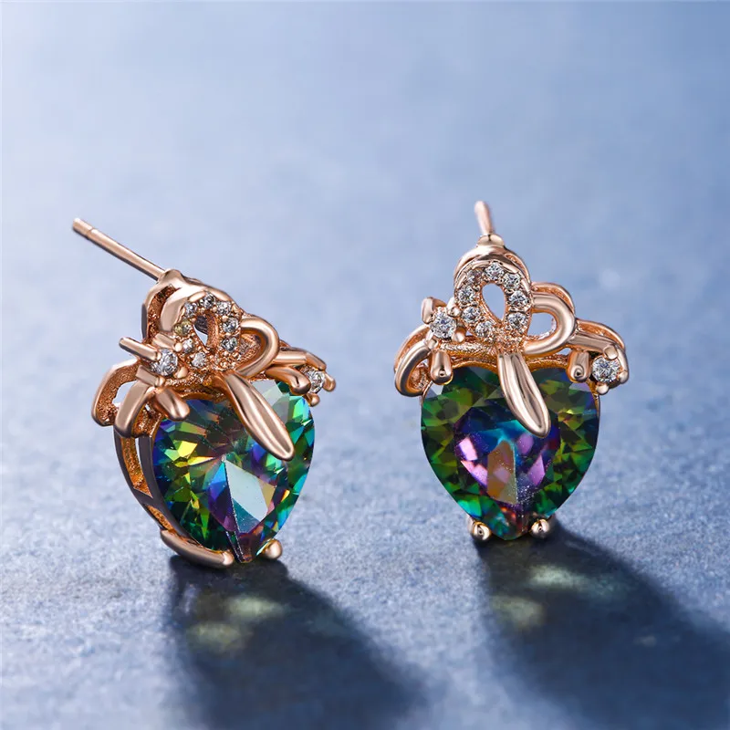 

Charm Female Small Heart Stud Earrings Cute Rose Gold Rainbow Stone Earrings For Women Vintage Minimalist Wedding Earrings