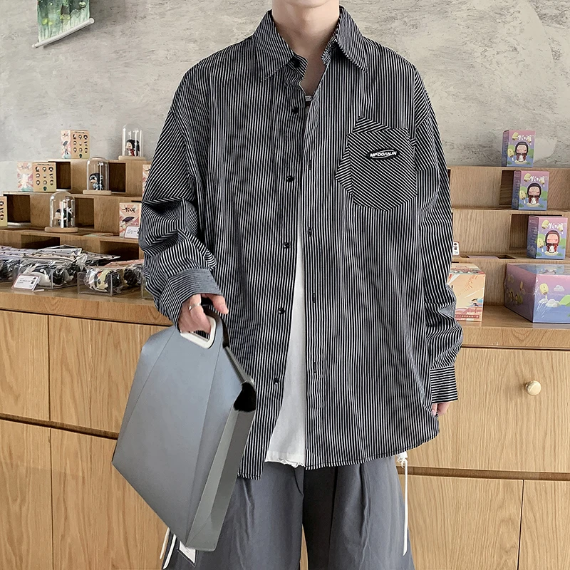 

2021 Vintage Striped Men Shirts Fashions Loose Casual Long Sleeve Shirt Street Hip Hp Tops Couples Clothing Camisas Para Hombre