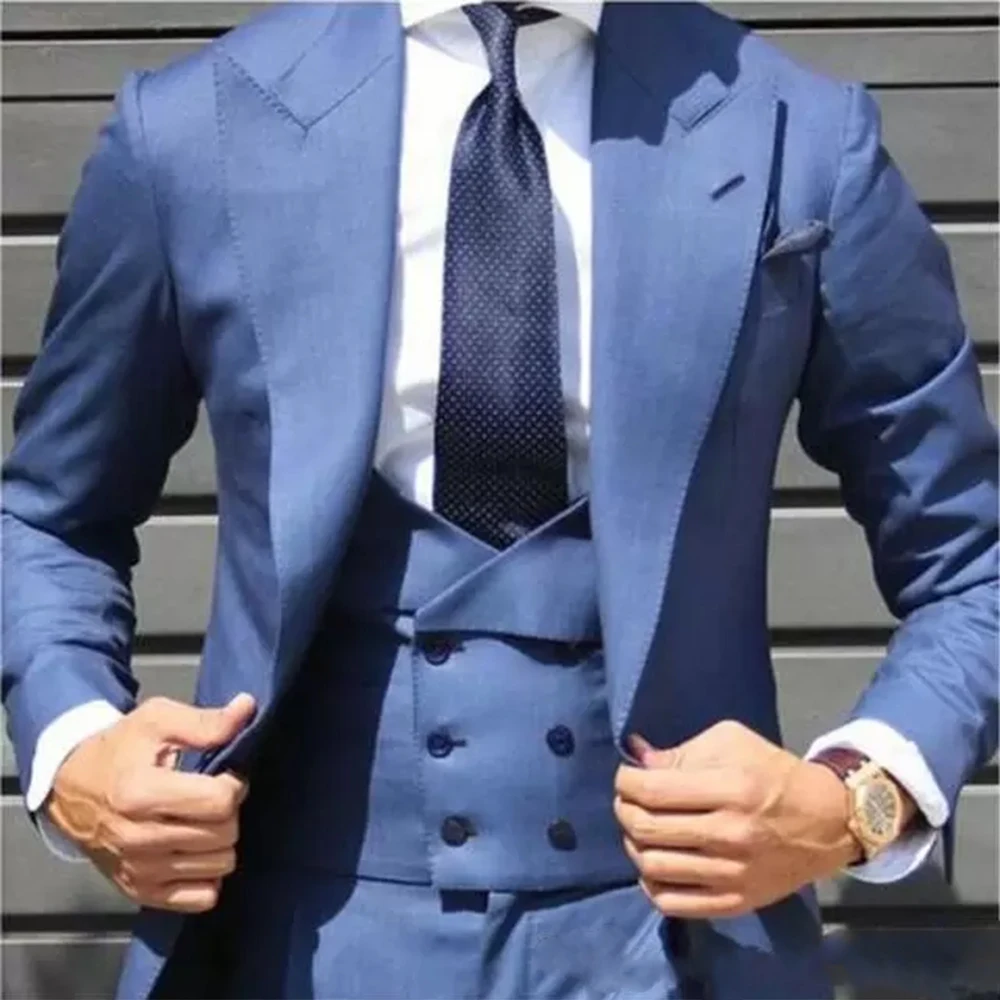Синий мужской костюм, смокинги для жениха, блейзер для жениха, мужской деловой костюм, мужской костюм, 3 шт. (куртка + брюки + жилет)