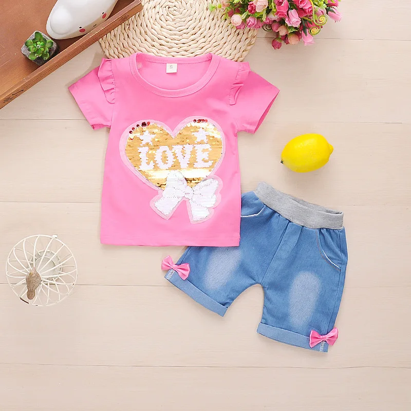 

Baby Girls Clothes Set Summer Kids Girls Short Sleeve T-shirt + Jeans Shorts Pants 2pas Outfits Baby Summer Clothing