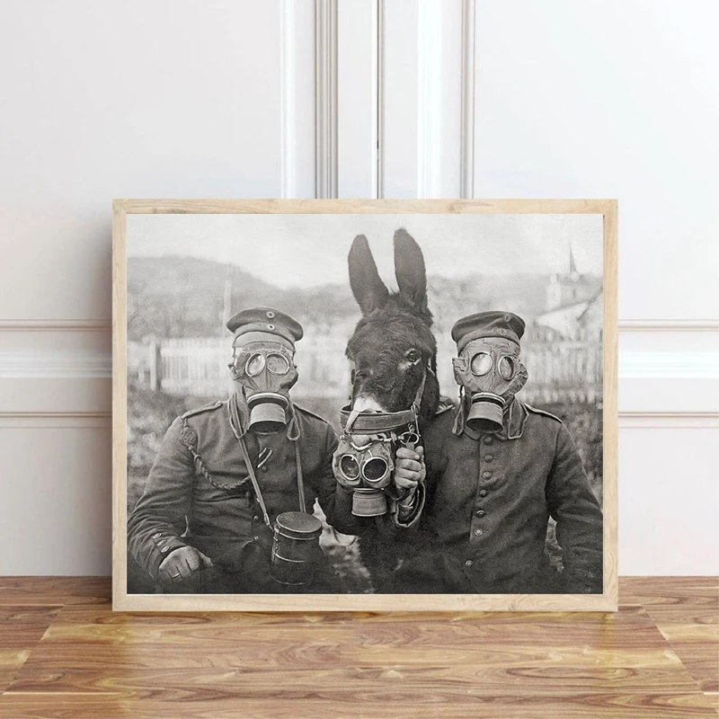 Черно белый фотопостер времен Второй мировой войны печать осла и двух немецких