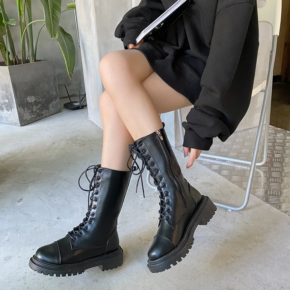 Women Ankle Boots Leather Soft Fashion Platform Motorcycle Boot Footwear Lace Up Ladies  Botas De Mujer 2021 Autumn New