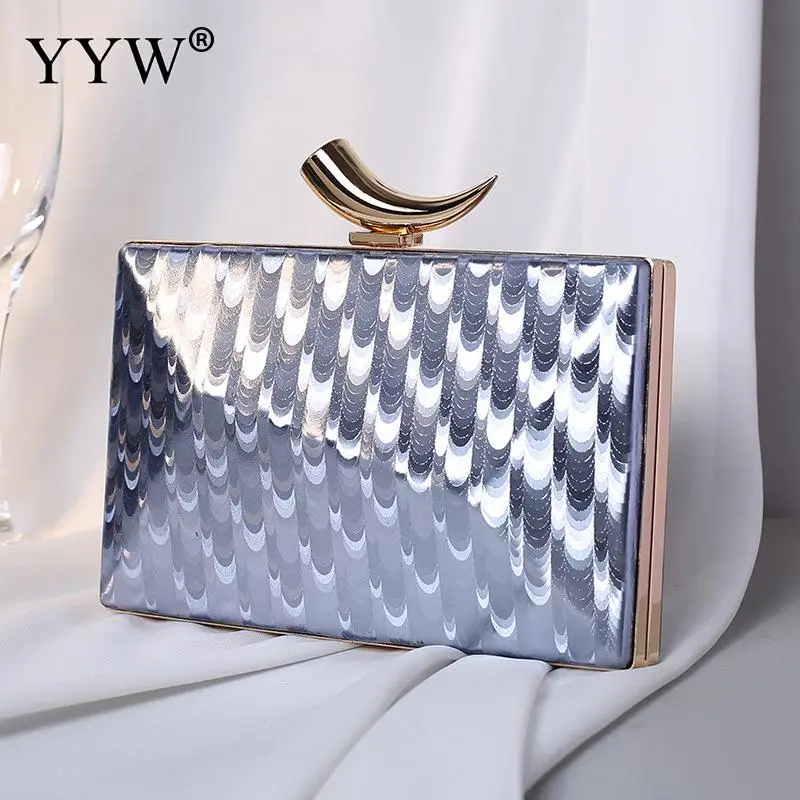 

YYW Women Clutch Hard-Surface Shoulder Bags Female Moon Buckle Blue Clutches Wedding Bridal Pouch Sling Bags Fashion Box Bags