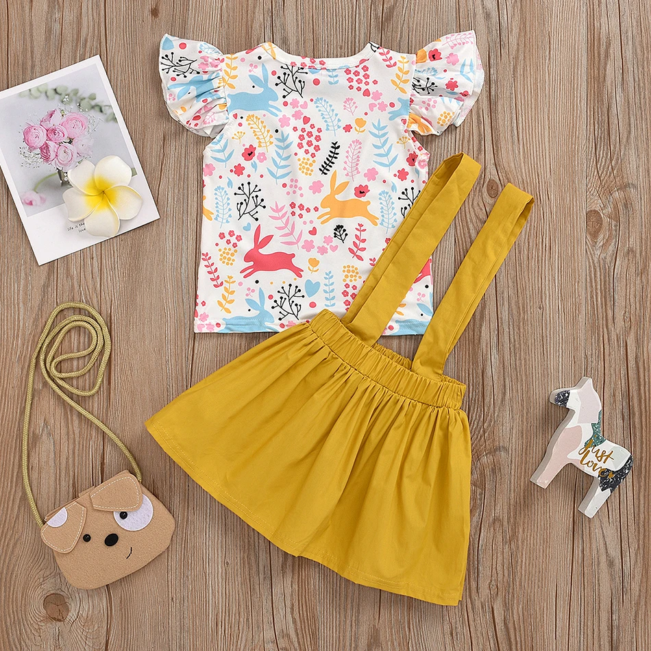 Летняя футболка для новорожденных девочек + юбка на пуговицах с подтяжками и