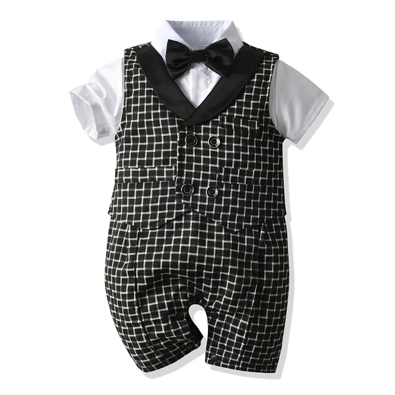 

Newborn Rompers Suit Patchwork Baby Clothes Summer Cotton Geometric Vest + Romper Little Boy Gentleman Clothes Black White