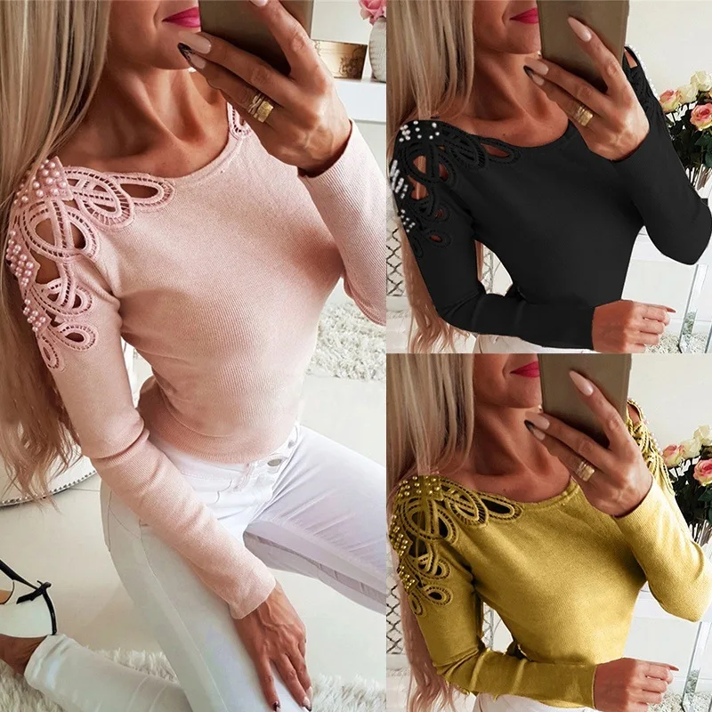 Женская Кружевная футболка с длинным рукавом вырезами | одежда