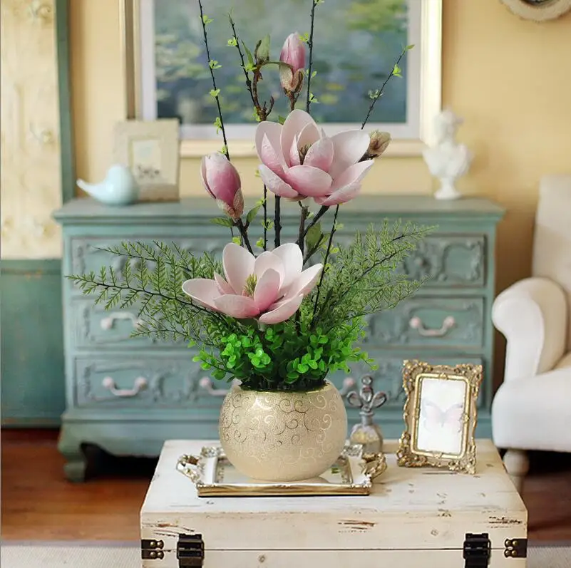 Современный цветок магнолии + искусственный украшение для дома цветочный горшок