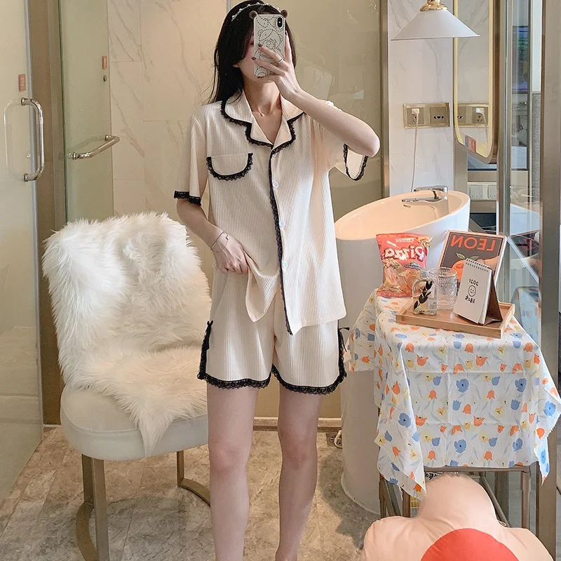 

Women's Cotton Pajamas Summer Short Sleeve Thin Cardigan Suit Beige Cute Lace Spring and Autumn Homewear Can Be Worn outside