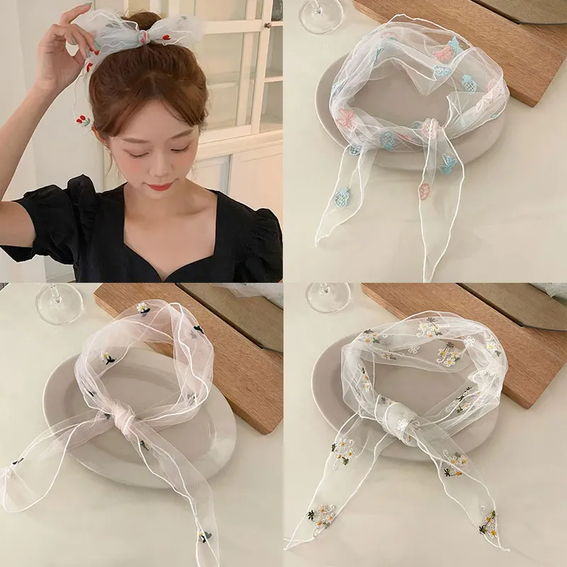

Sweet Hair Accessories for Girls Elastic Headwear Neckerchief Vintage Handmade Embroidery Lace Flower HairbandKorean Style