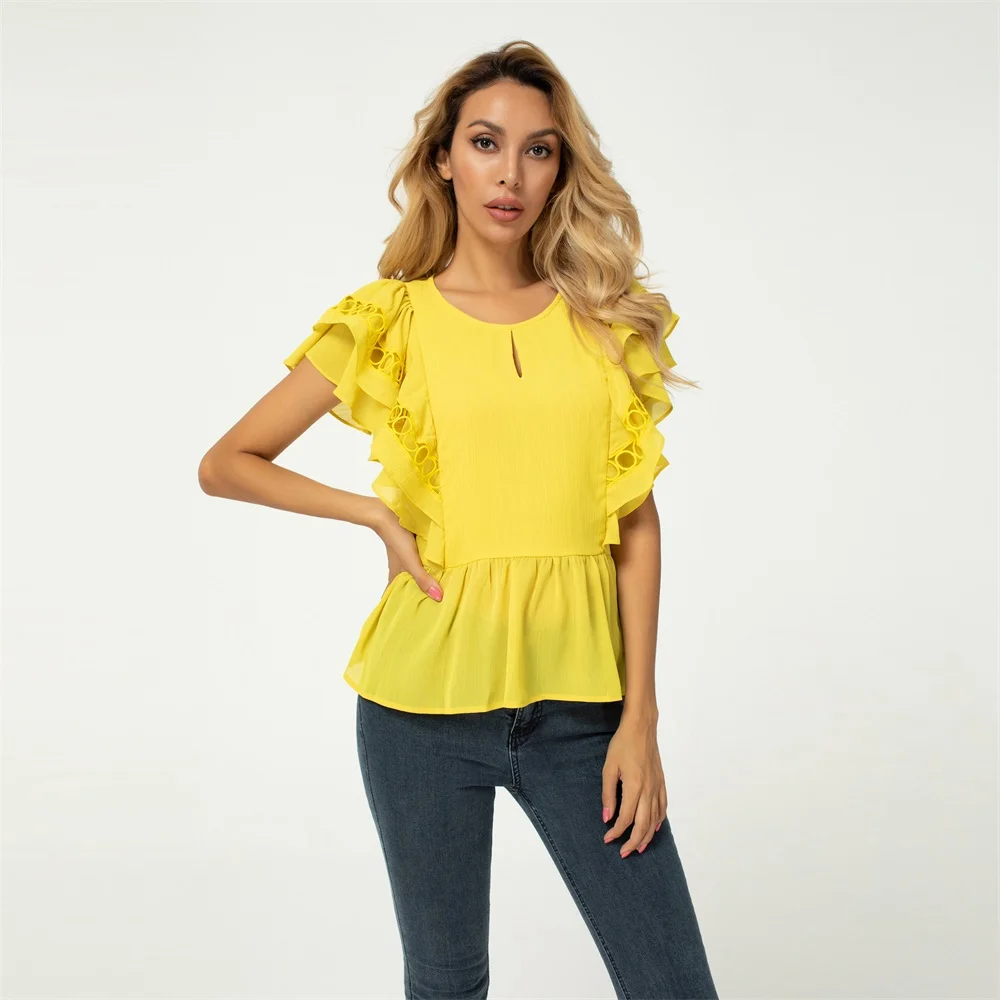 Летний дизайн 2020 новые женские рубашки двухслойный Топ с короткими рукавами и