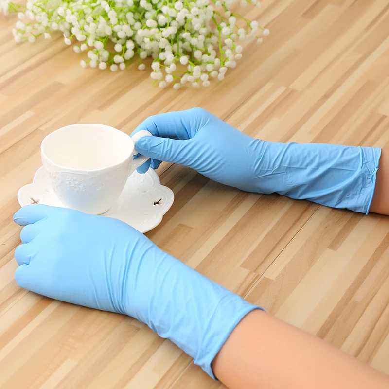 

Blue Disposable Rubber Gloves Household Cleaning Catering Food Long Sleeve 12inch Nitrile Gloves Thick and Durable Gloves