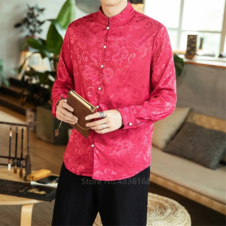 

Traditional Chinese Kung Fu Male Clothing Dragon Jacket for Men Cheongsam Silk Tang Suit Oriental Tang Suit Vintage Chinese Tops