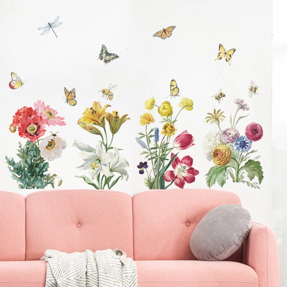 

1 Set Of Wall Stickers Colorful Flowers Green Leaves Butterfly Self-adhesives Wall Sticker Home Bedroom Kitchen Decoration