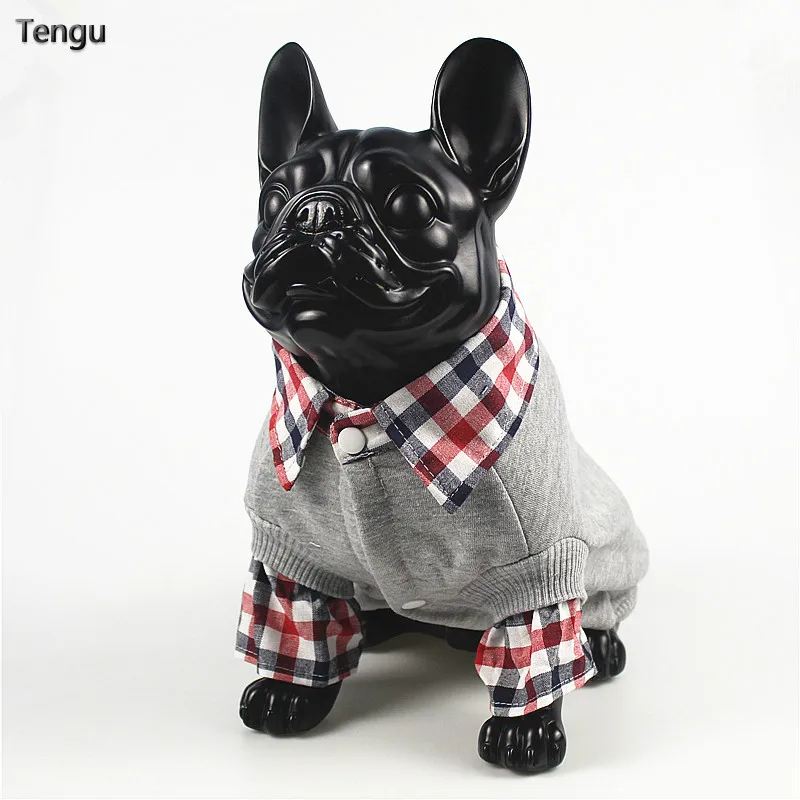 Одежда для французского бульдога на весну и осень клетчатая рубашка с лацканами