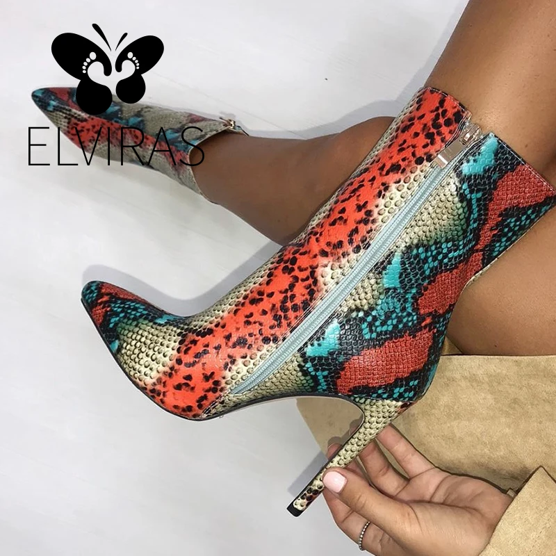 ELVIRAS; разноцветные женские полусапожки из змеиной кожи; зимние модные сексуальные женские сапоги из змеиной кожи; ботильоны на высоком каблуке с острым носком на молнии