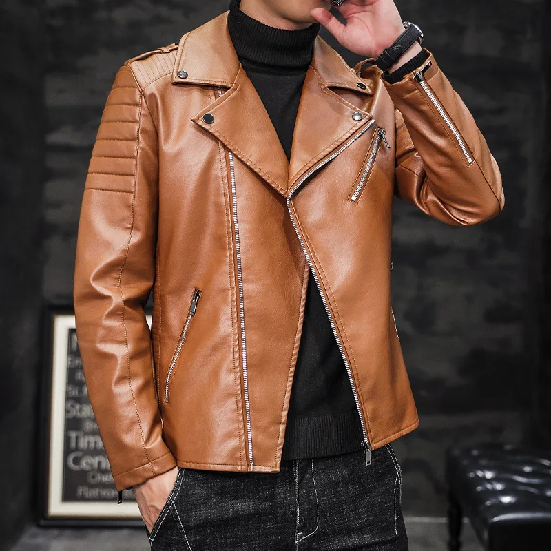 

Мужская кожаная мотоциклетная куртка с лацканами, модная куртка из искусственной кожи на молнии, Мужская свободная кожаная куртка-40