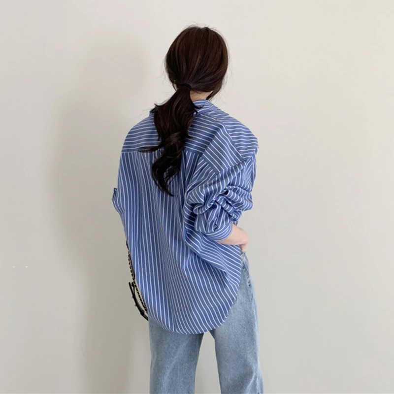 

Aibeautyer New 2021 Spring Summer Vintage Oversize Striped Korean Style Office Lady Fashionable Wild Tops Blouses Shirts