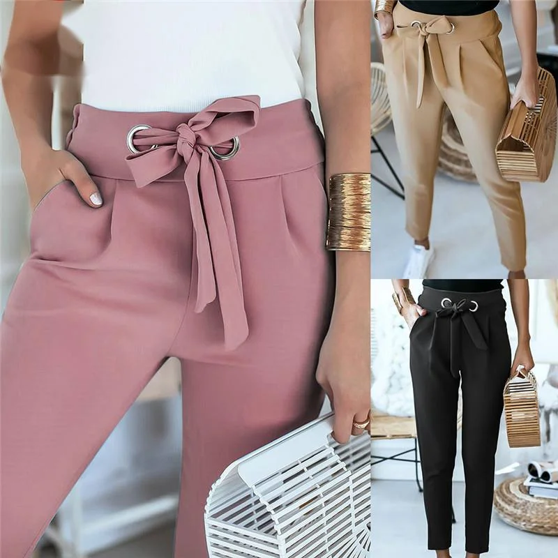 

England Style 2021 Summer Fashion High Waist Slim Pencil Pants Bandage Design Pockets Solid Casual Trousers