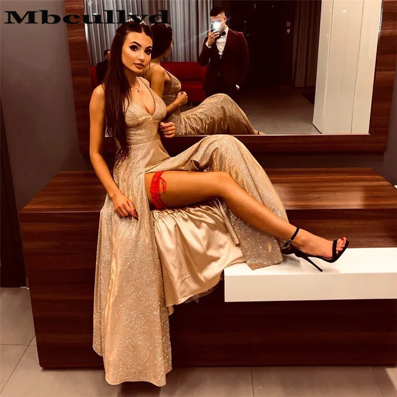 Платье женское вечернее длинное с глубоким V образным вырезом и блестками|Платья