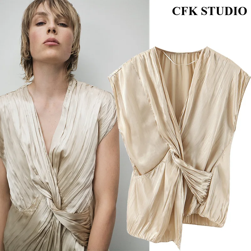 Женская футболка без рукавов Za однотонный пикантный свободный Шелковый топ с V