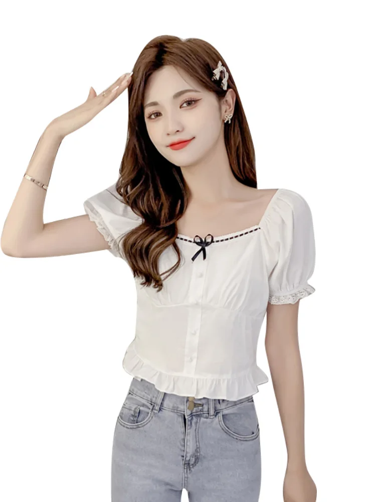 

2021summer New Korean Style Versatile Bow Square Collar Super Fairy Short Sleeve Shirt Top Stylish Shirt Women