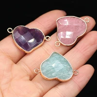 natural stone amethysts pendants heart shape crystal double hole necklace connectors charm for women jewelry making supplies