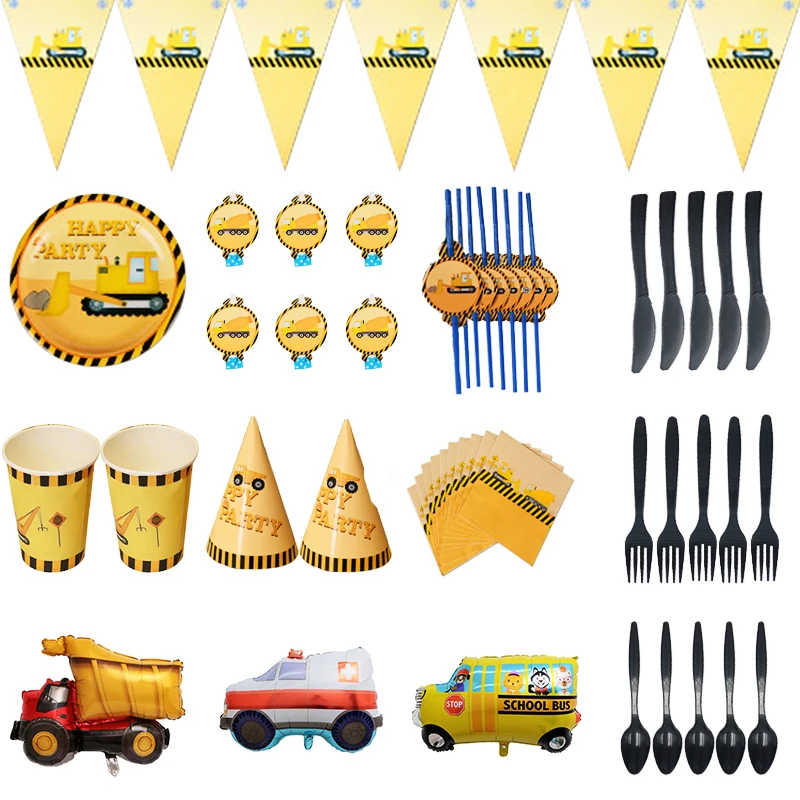 

Construction Vehicle Excavator Disposable Tableare Kids Boy Baby Shower Disposable Tableware Plates Napkins Straw Party Supplies