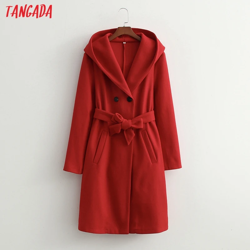 

Зимнее женское красное шерстяное пальто с капюшоном Tangada 2021, теплое плотное элегантное пальто с длинным рукавом, Женское пальто с поясом 1D76