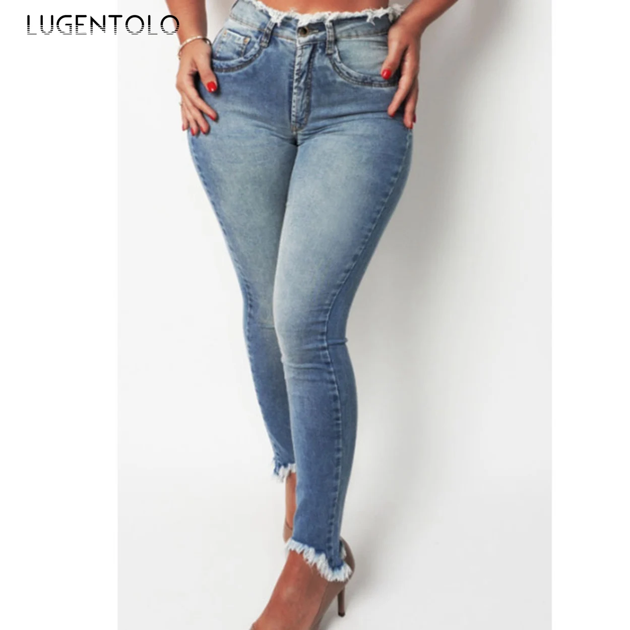 

Women sexy Jeans Skinny Light Color Washed Street Hipster Blue High Waist Pocket Female Casual Long Pencil Jeans Lugentolo