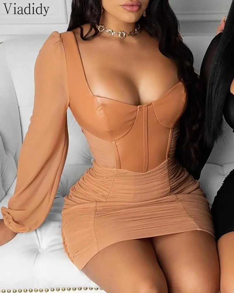 

Women Fashion Sexy Ruched PU Leather Mesh Patchwork Bodycon Dress Lantern Sleeve Square Neck Sexy Party Dress