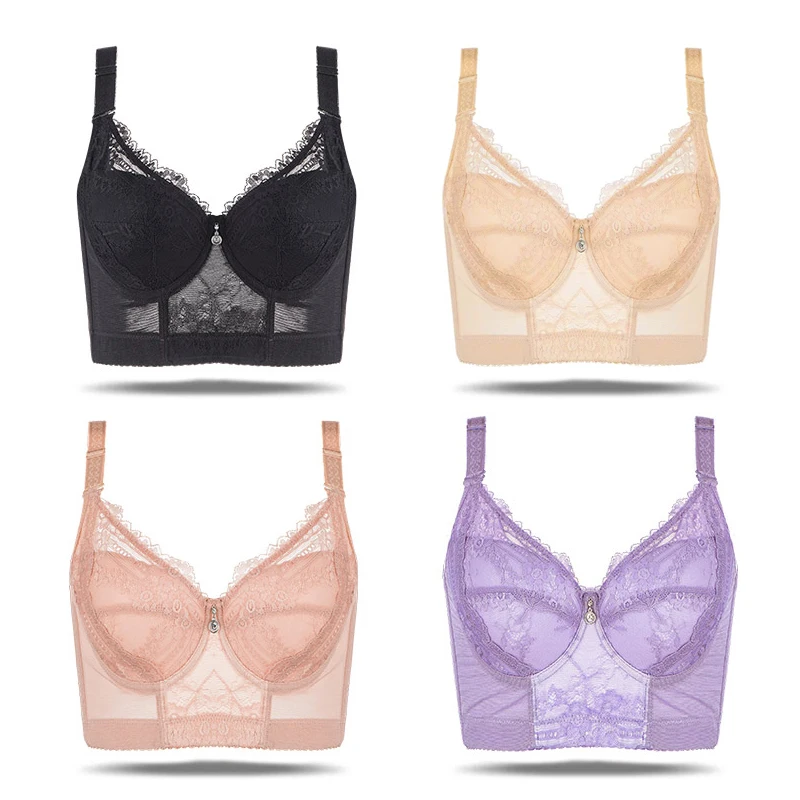 Women's Full Coverage Underwired Non Padding Breathable Balconette Sheer Floral Lace Bra Plus Size 34-46 B C D E F G H I J