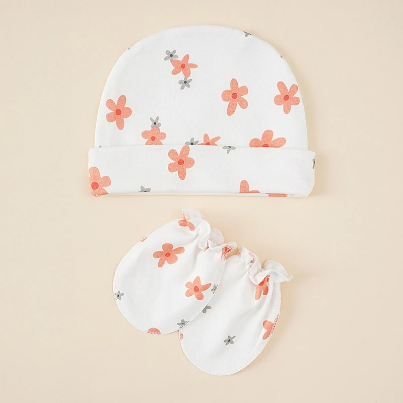 

Детские хлопковые перчатки с принтом, шапка, комплект для новорожденных, варежки с защитой от царапин, облегающая шапочка, подарки для новор...