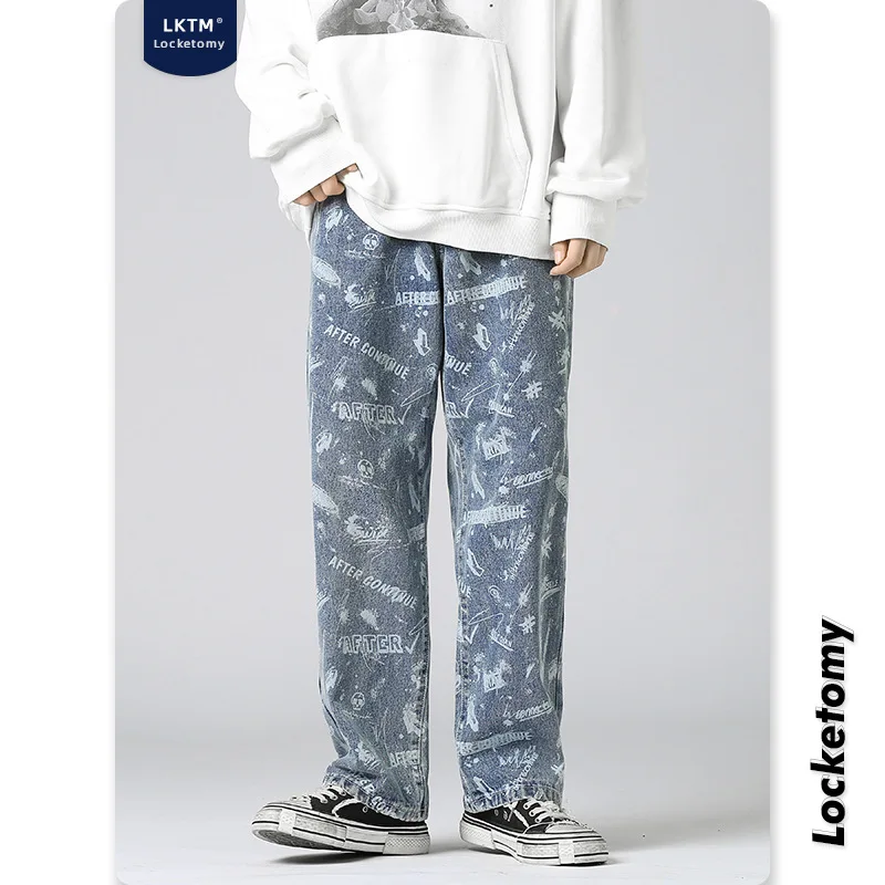 

Men's Jeans New Fashion Letter Printing Loose Straight-leg Jeans Ins Trend Fried Street Hip-hop Wide-leg Trousers Мужские джинсы