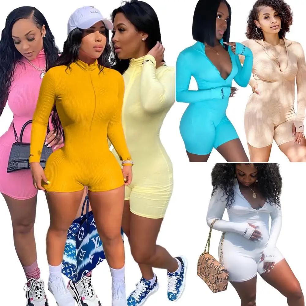 

Autumn new fashion solid color casual bodysuit pants slim V-neck zipper long sleeve women's T-shirt and shorts