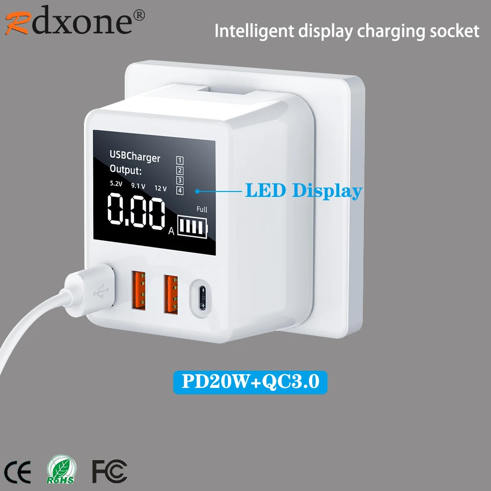 

QC3.0 Fast Charging USB C Charger 4 Ports Portable Phone Charger 40W LCD Display For iPhone Huawei Samsung Type C PD USB Charger