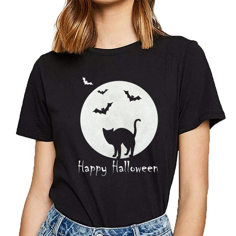 Женская футболка с рисунком кошки Луны Хэллоуина я летучая мышь тыква ведьма