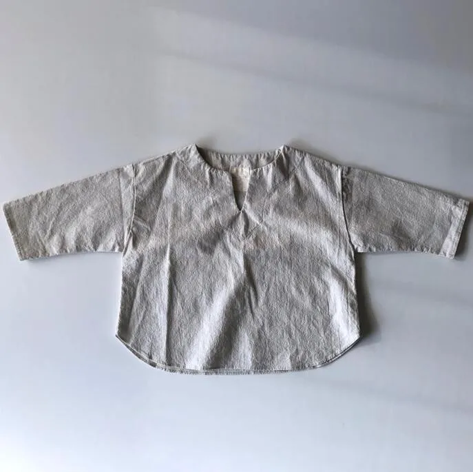 2019 корейская Осенняя детская хлопковая льняная рубашка с V образным вырезом и