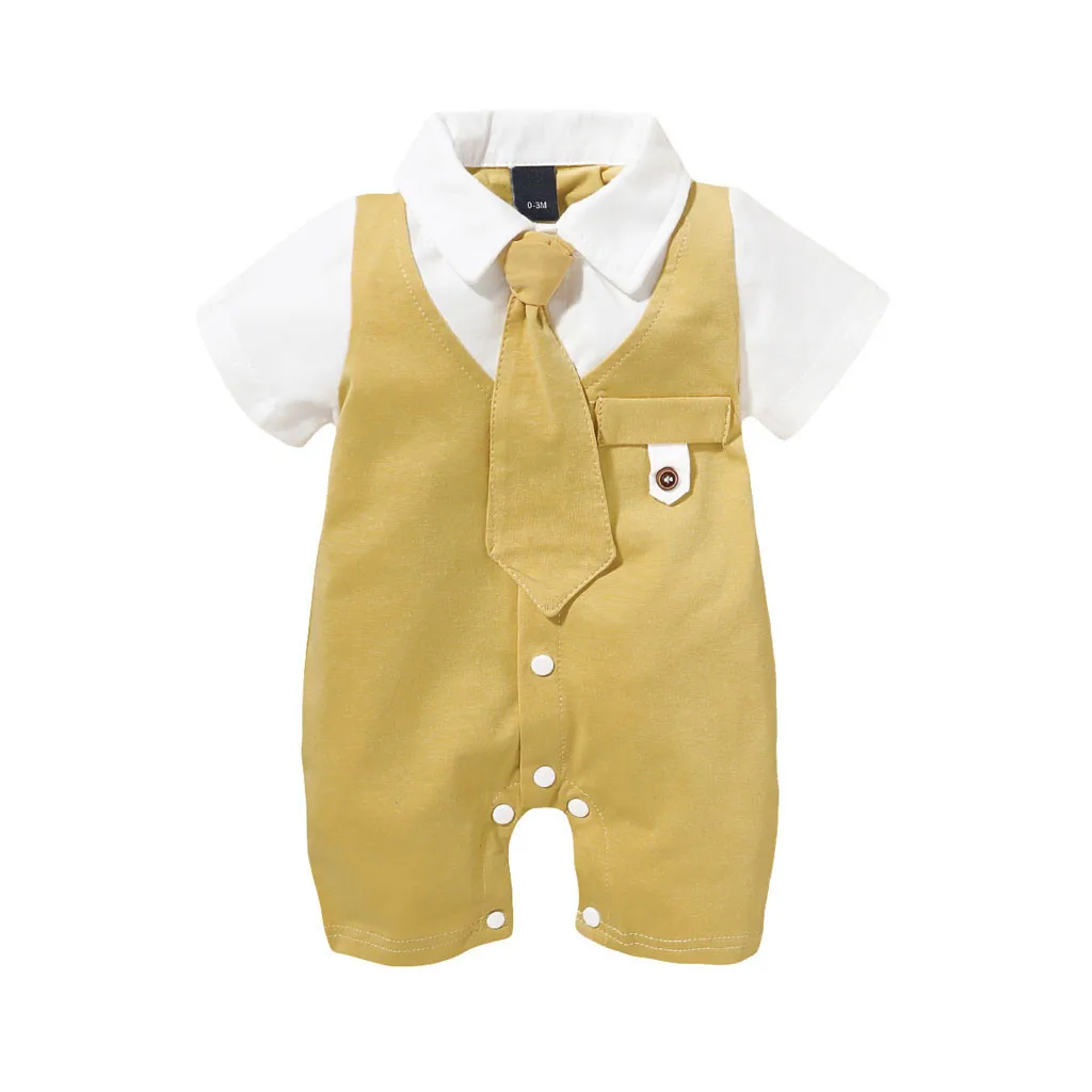 Newborn Infant Baby Boys Clothes Solid Gentleman Tie Romper Jumpsuit Outfits Clothing Short Sleeve T-shirt #C |