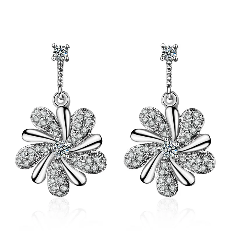 

Luxury Crystal Flower Drop Earrings Female Jewelry Top Quality 925 Silver Women Earring Accessories Female Ear Piercing Bijou