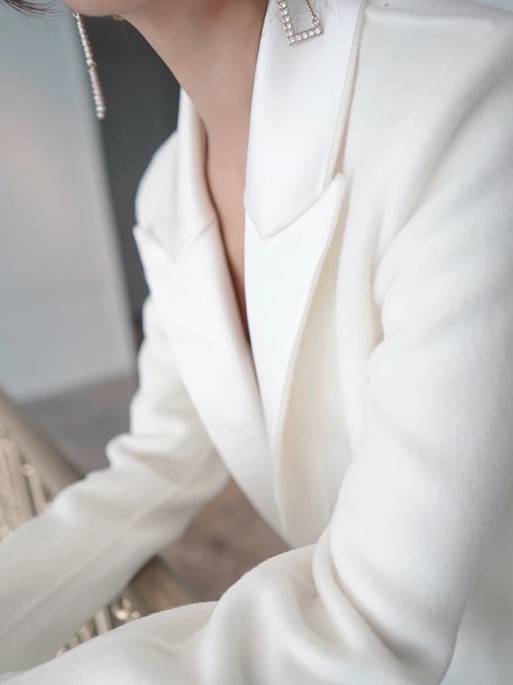 

mid long split and versatile suit autumn and winter show thin temperament double faced wool coat