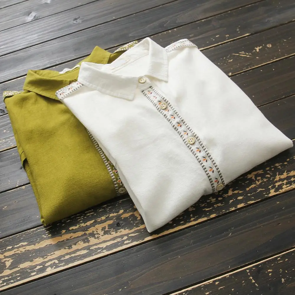 

Long Cotton Linen Women Shirts Loose Vintage Embriodery Solid Pocket Straight Casual All Match Female Outwear Coats Tops