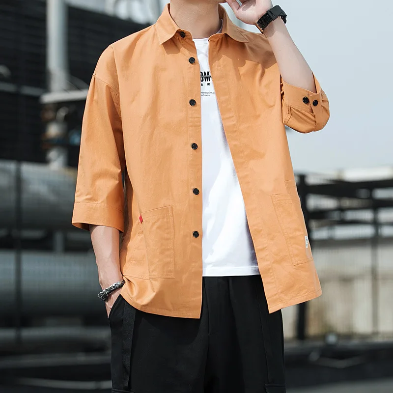 

Men's Quarter Sleeve Shirt Men's summer new youth trend loose Casual Short Sleeve work shirt thin middle sleeve