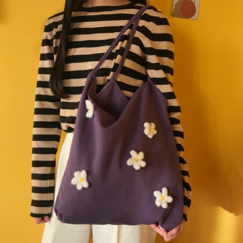

Women Canvas Shoulder Bag Bright Daisies Cotton Cloth Handbag Female Flower Casual Totes Large Capacity Shopping Bags For Girls